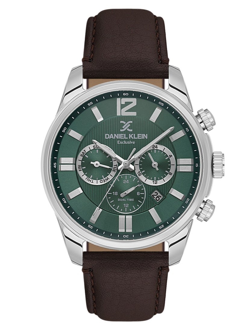 دانيل كلاين سوار رجالي من الجلد | علبة من سبيكة فضية | تناظري | قرص دائري أخضر داكن منقوش | حركة كوارتز يابانية | حصري | مقاومة للماء حتى عمق 50 مترًا - Image 1